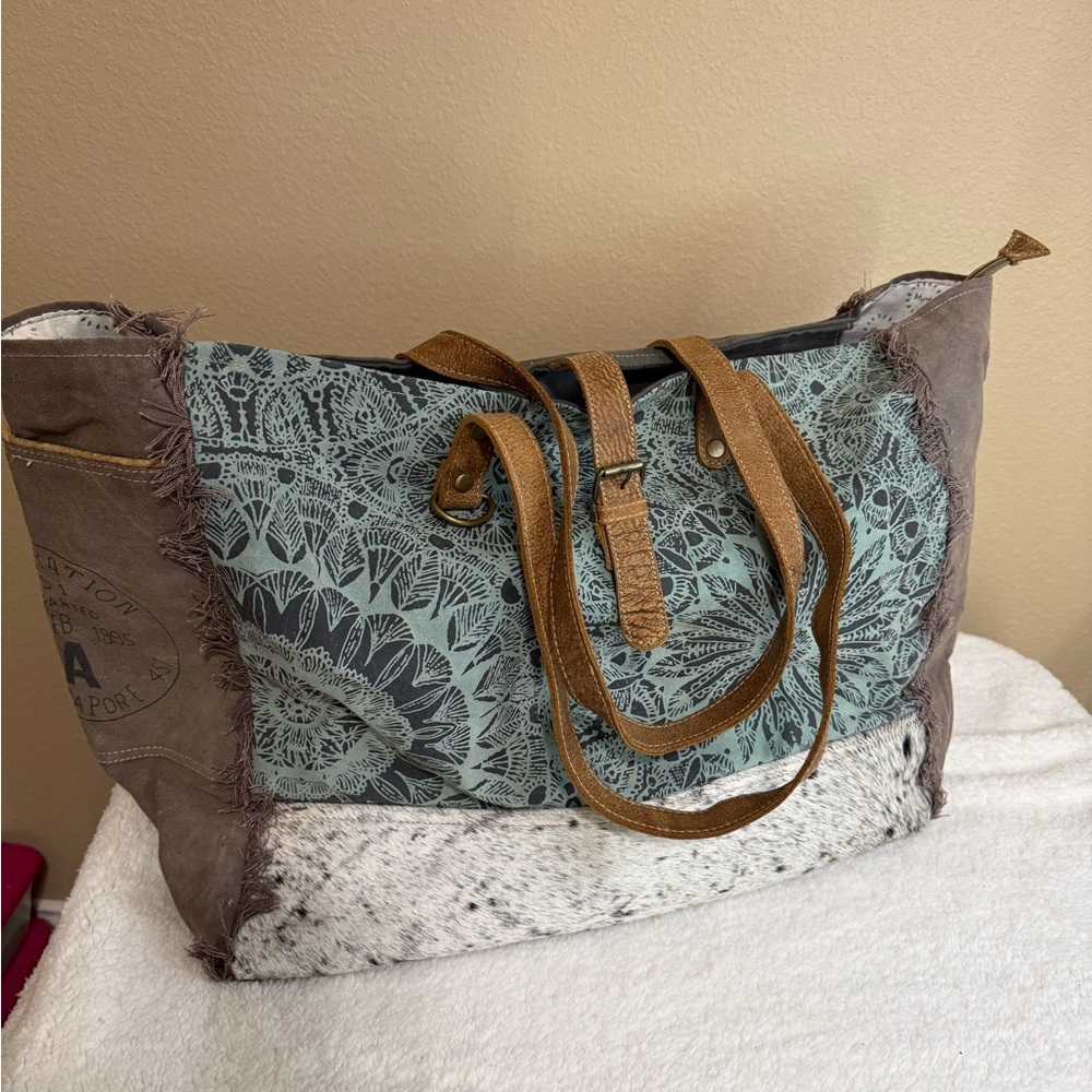 Myra Bag Teal and Brown Travel Tote with White Pattern - Picture 2 of 11